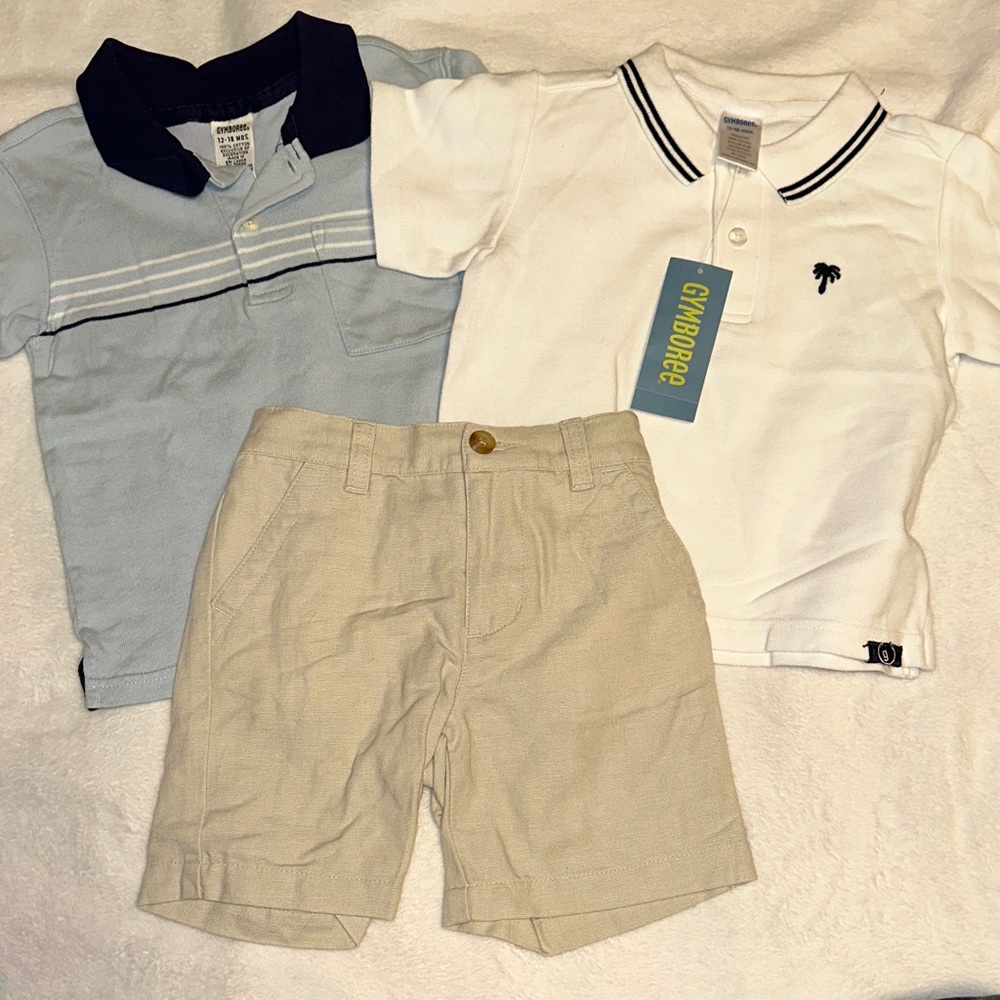 GYMBOREE 2 POLO SHIRTS & KHAKI LINEN BLEND SHORTS DRESSY EASTER 12-18 MONTHS
